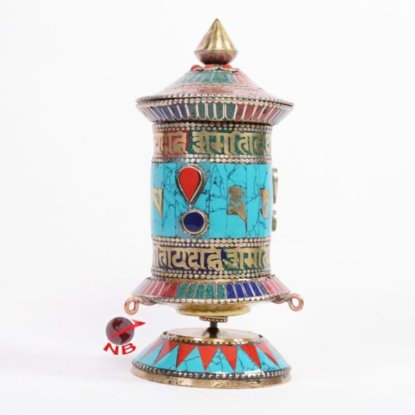 Turquoise Stone Setting Pray Mantra decorated 5.8 Inch Tall Table Prayer Wheel